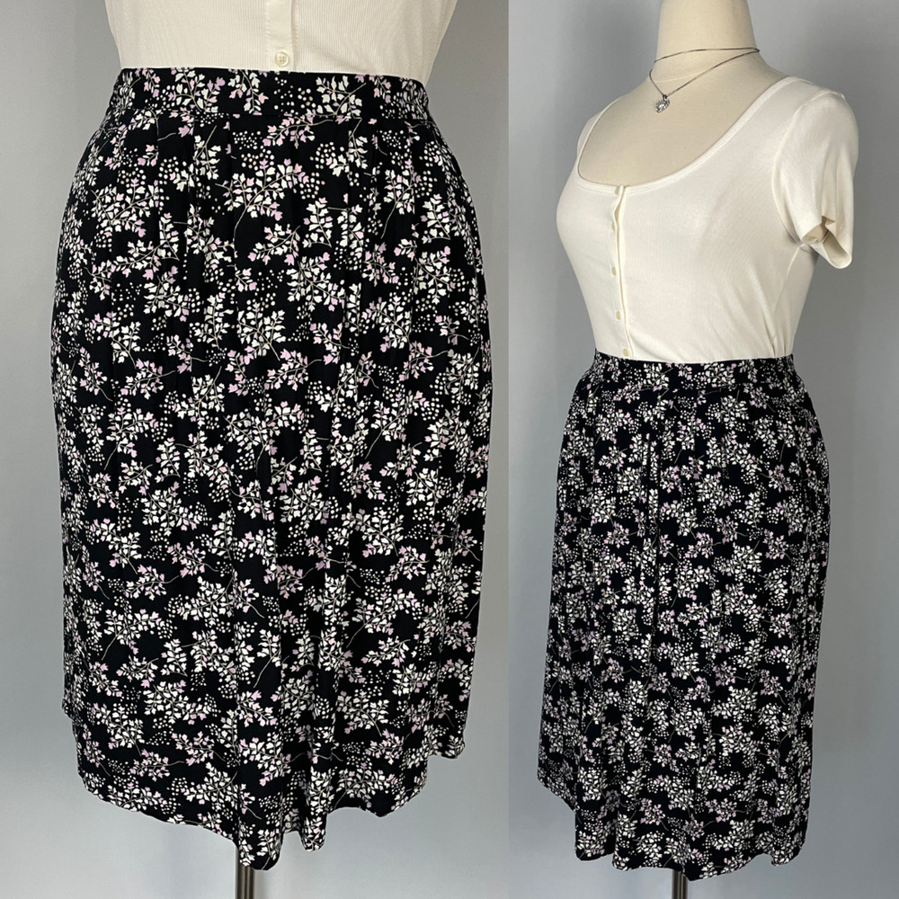 Knee Length Skirt Size Large Petite PL Black White Ditsy Floral A Line Y2K 90s